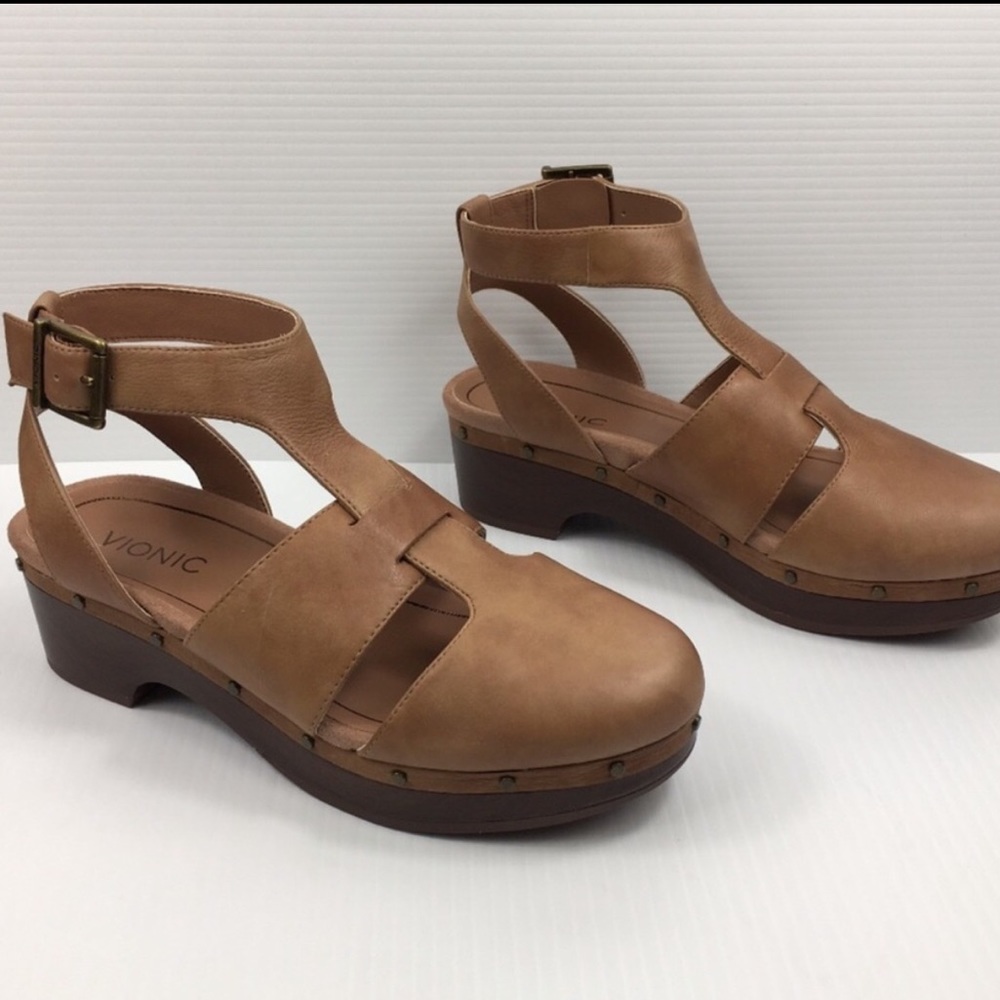 Vionic Faye Ankle Strap Clog Toffee Tan Leather NWOT